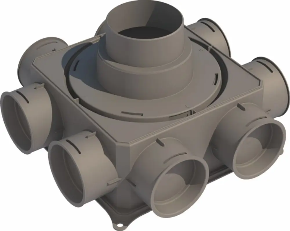 Luftverteiler in quadratischer Form mit mehreren Anschlüssen, hergestellt von Wolf. Ideal zur Luftverteilung in Lüftungsanlagen.